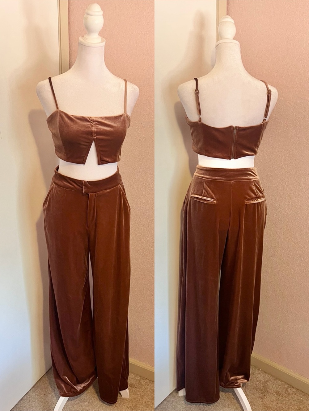 Caramel Velour Crop Top and High Waisted Pants Co-ord Set
